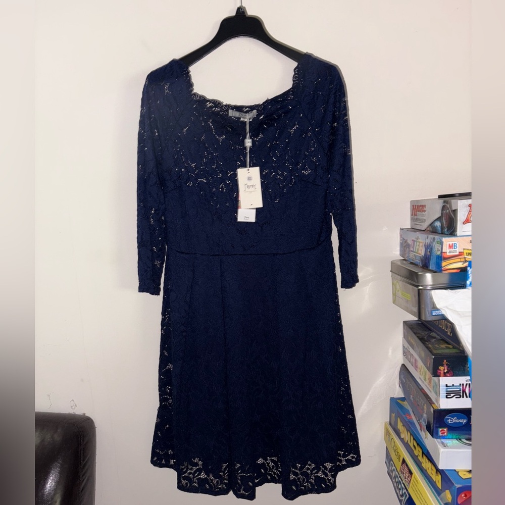 Off-Shoulder Navy Lace Fit & Flare Dress - Picture 2 of 3